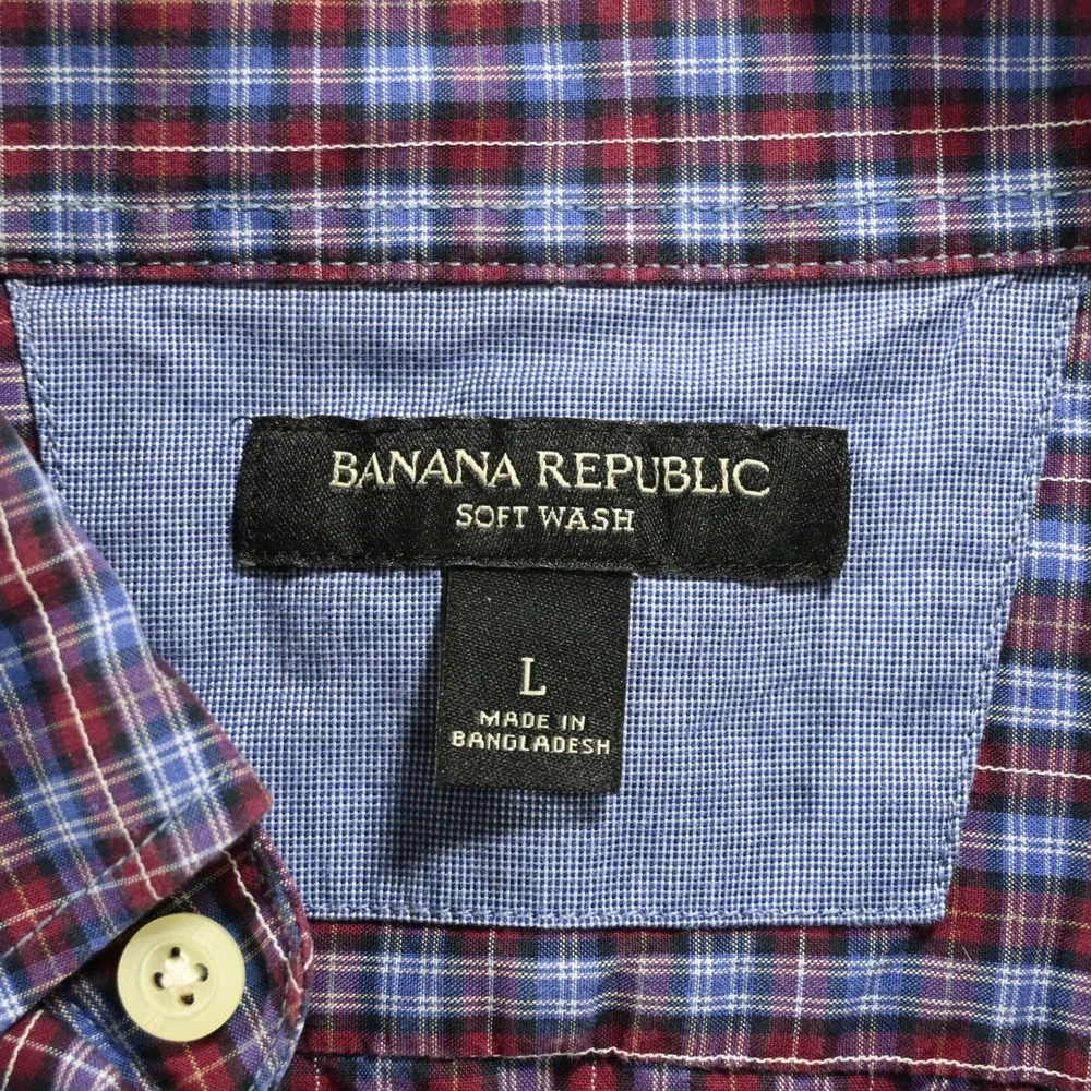 Banana Republic Mens Soft Wash Plaid Button Down Shirt Large Maroon Blue